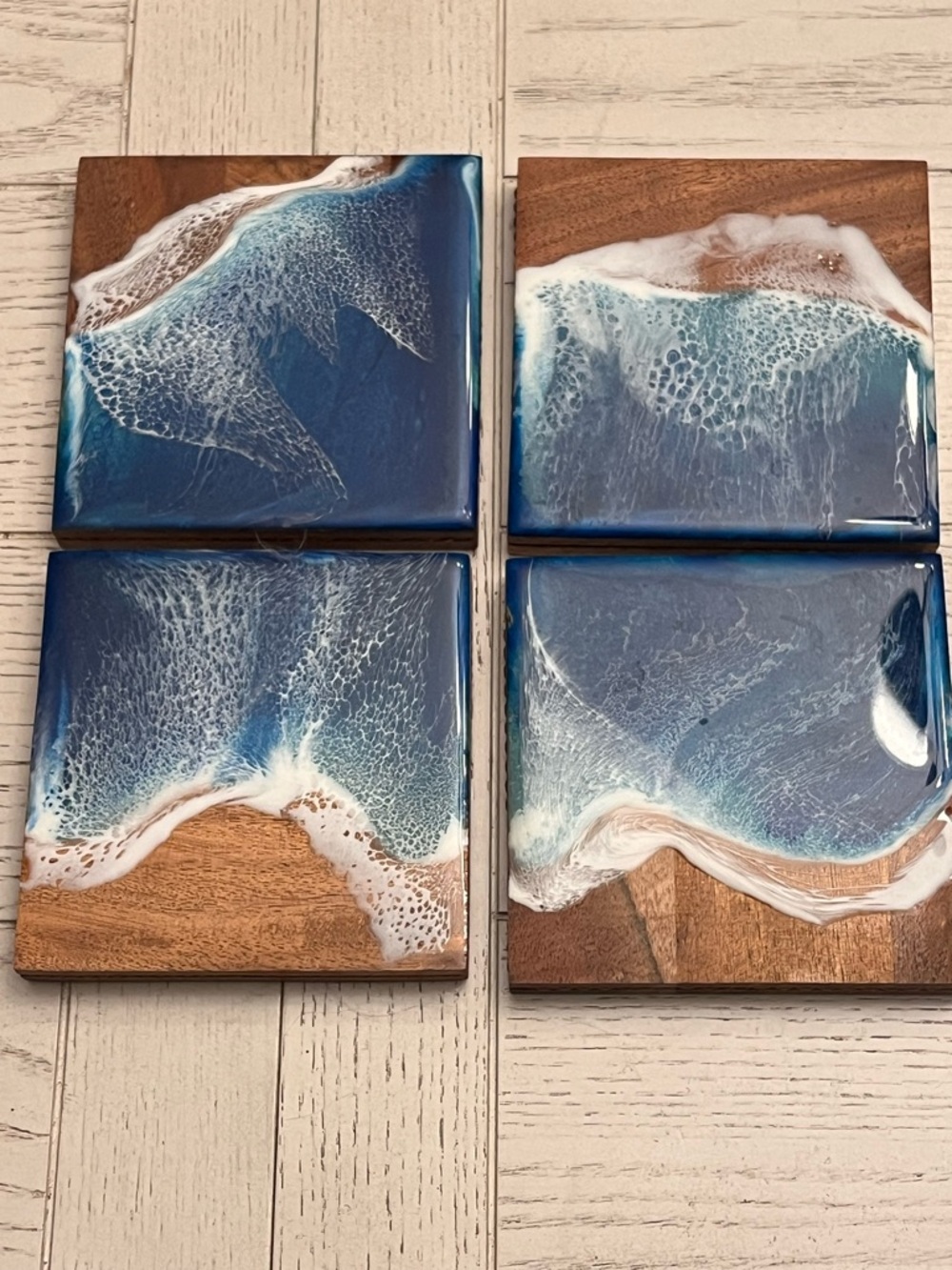 Handmade Ocean Resin Wood Coasters - Blue & White Wave Set
